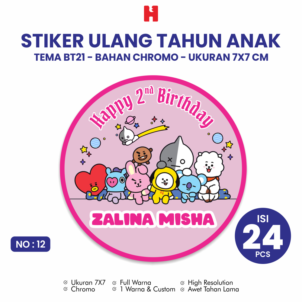 

Stiker Ulang Tahun Anak Tema BT21 Ukuran 7x7 CM Bulat - Isi 24 Pcs