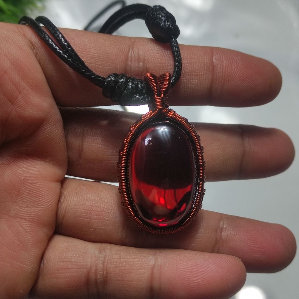 kalung etnik liontin wire wrapping merah siam Bangkok jumbo