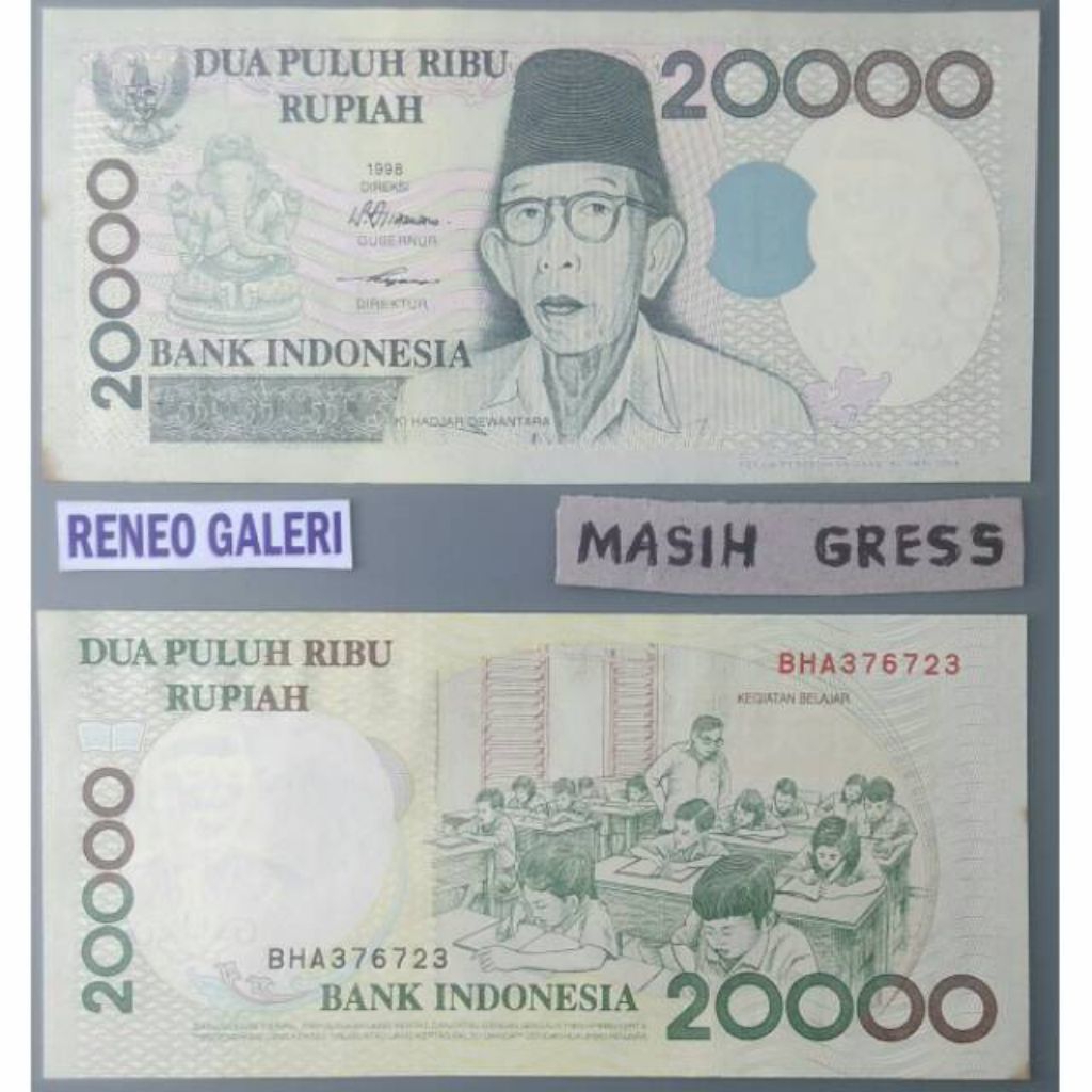 Mulus asli 20.000 Rupiah tahun 1998 Ki Hajar Dewantoro dewantara kegiatan belajar mengajar uang kert