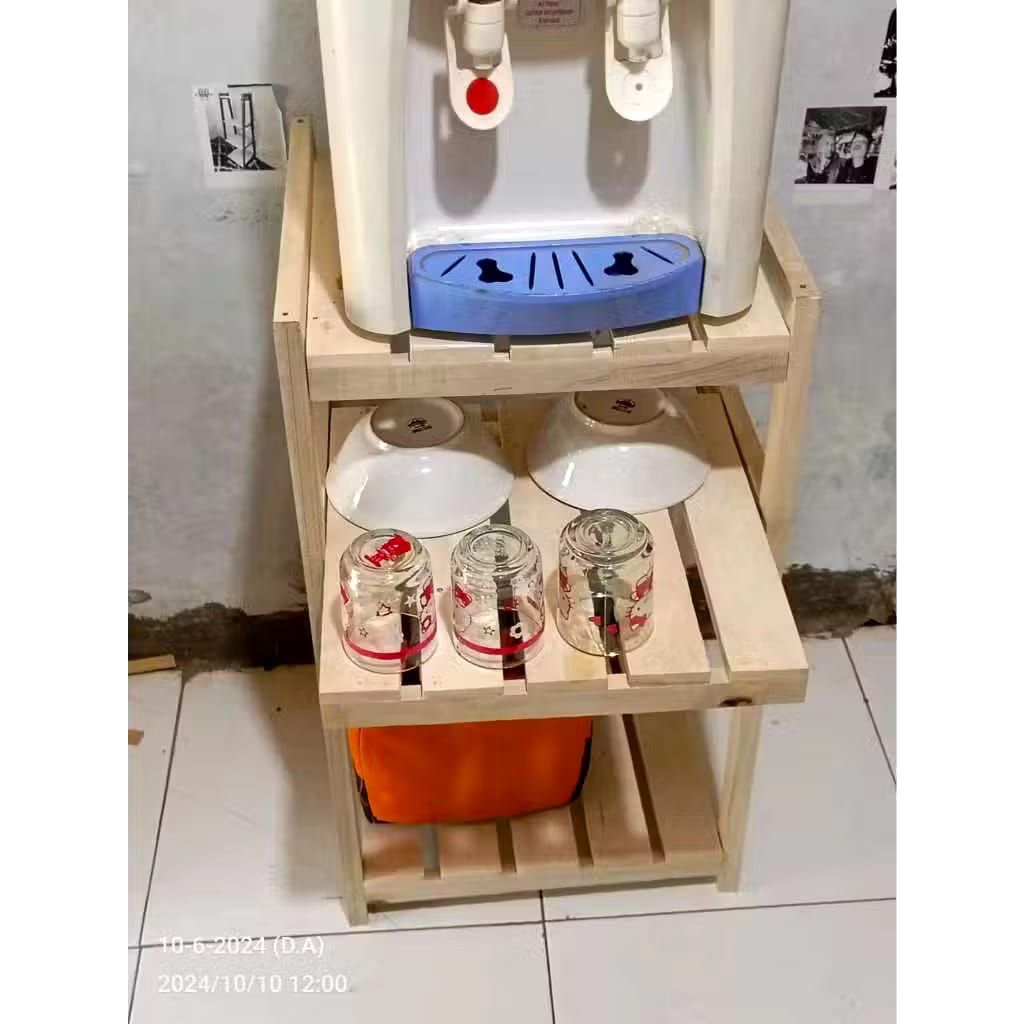 Wooden shelf rak galon air 3 susun rak kayu model slide