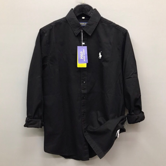 Kemeja POLO hitam pria lengan panjang kemeja polos casual slimfit