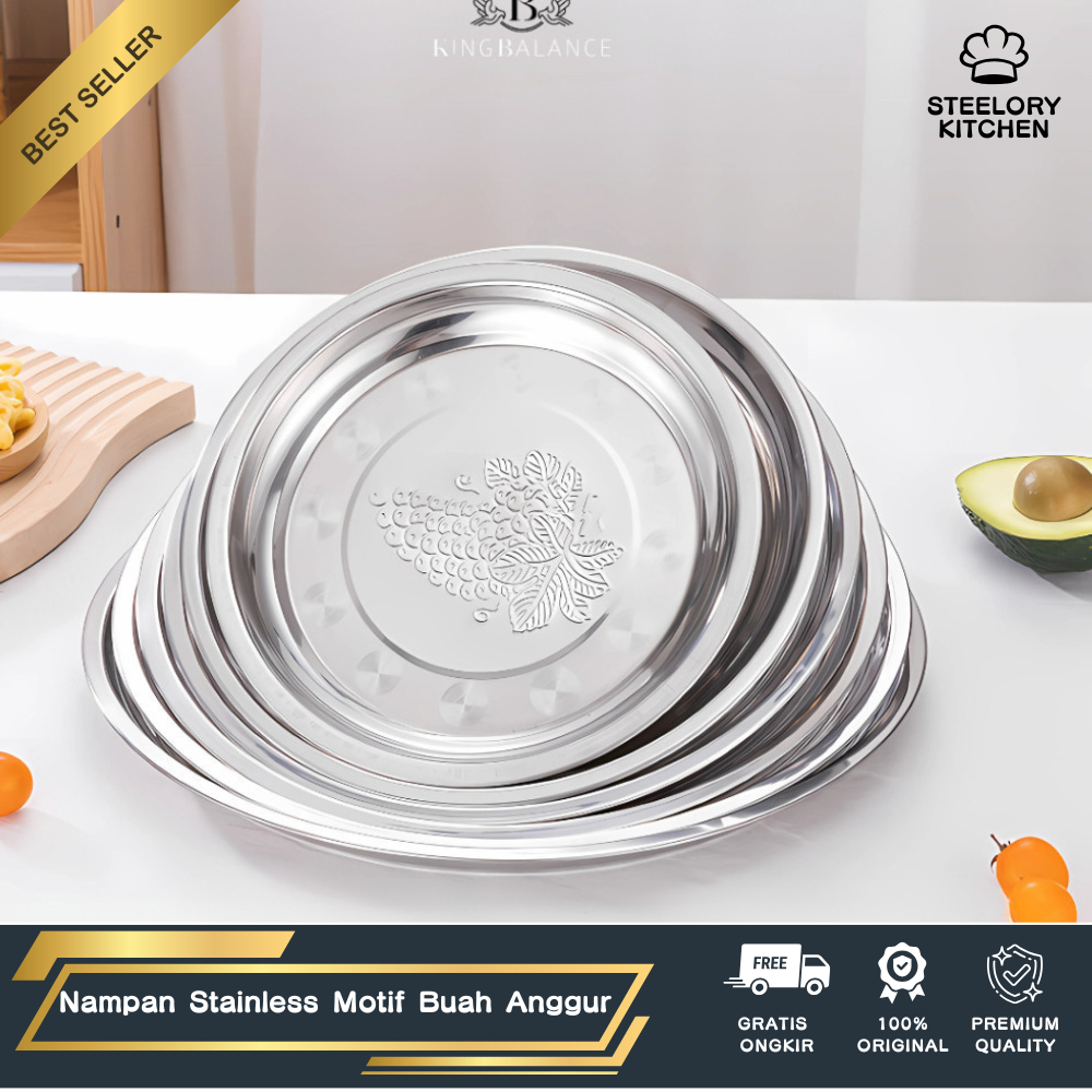 STEELORY KITCHEN - Nampan / Baki Bulat / Bundar Stainless Motif Buah Anggur 28 / 30 / 32 / 34 CM 187