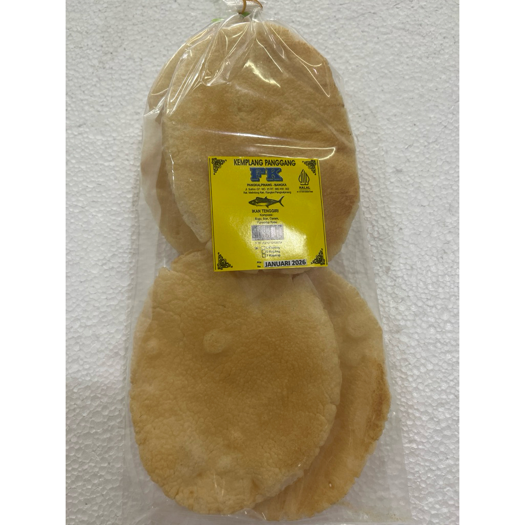 

Kemplang kerupuk rasa ikan panggang arang bentuk lonjong merk FK dari toko LCK