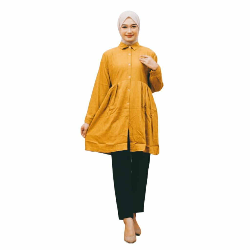 Tunik Rempel Bawah long kancing lepas, Baju wanita tunik rempel terbaru, Tunik model korean style