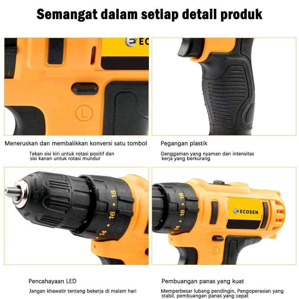 New ECOSEN Mesin Bor Baterai Bor listrik set lengkap Bor impact baterai Tangan Cordless Drill