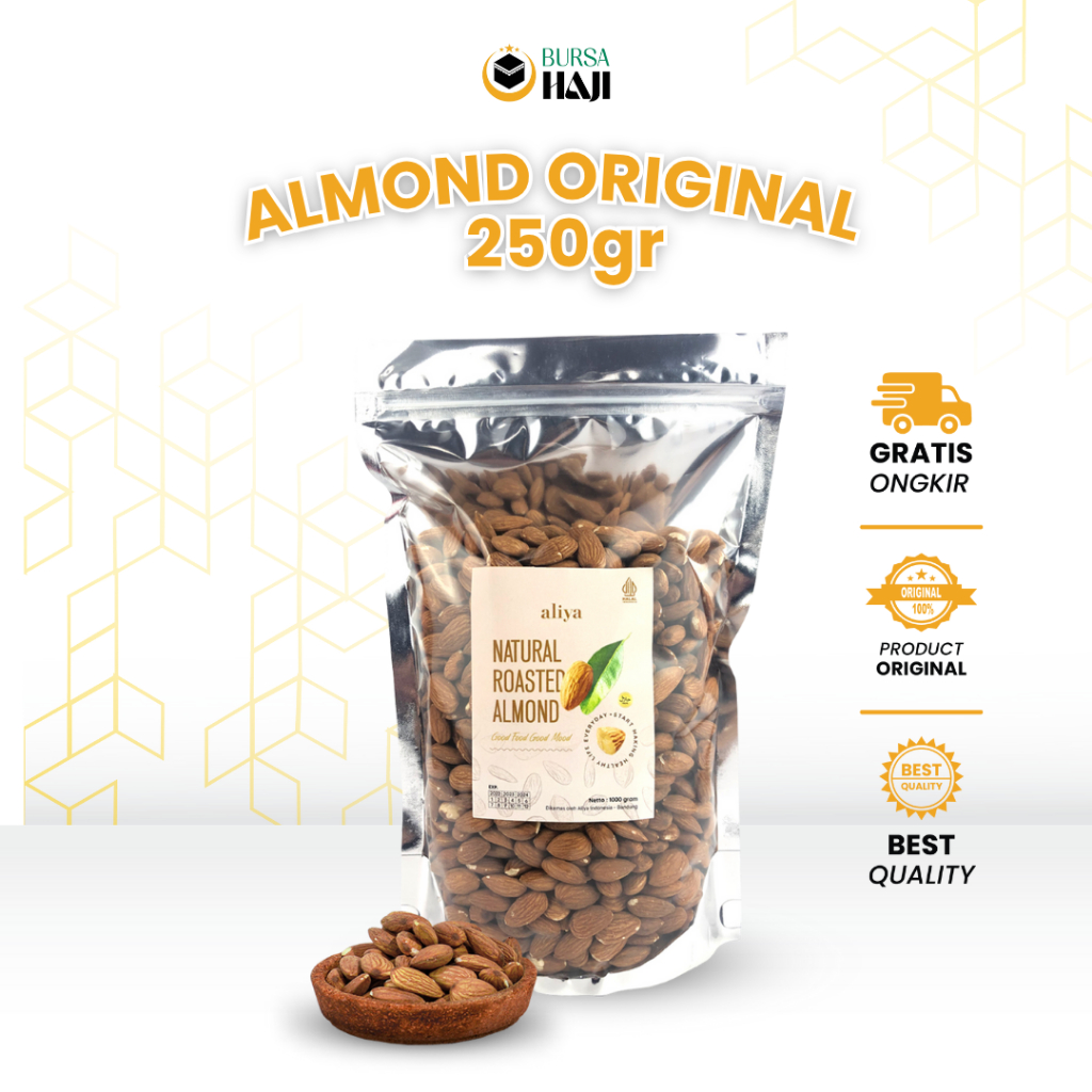 

Almond Original 250 Gram | Almond Kupas Roasted Tanpa Prasa Kemasan Pouch Aliya
