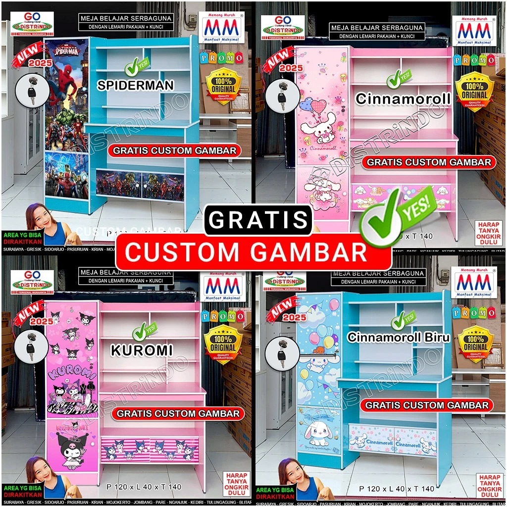 DISTRINDO Meja Belajar anak Karakter dengan Lemari Rak + 2Lemari Kecil di Bawah Meja