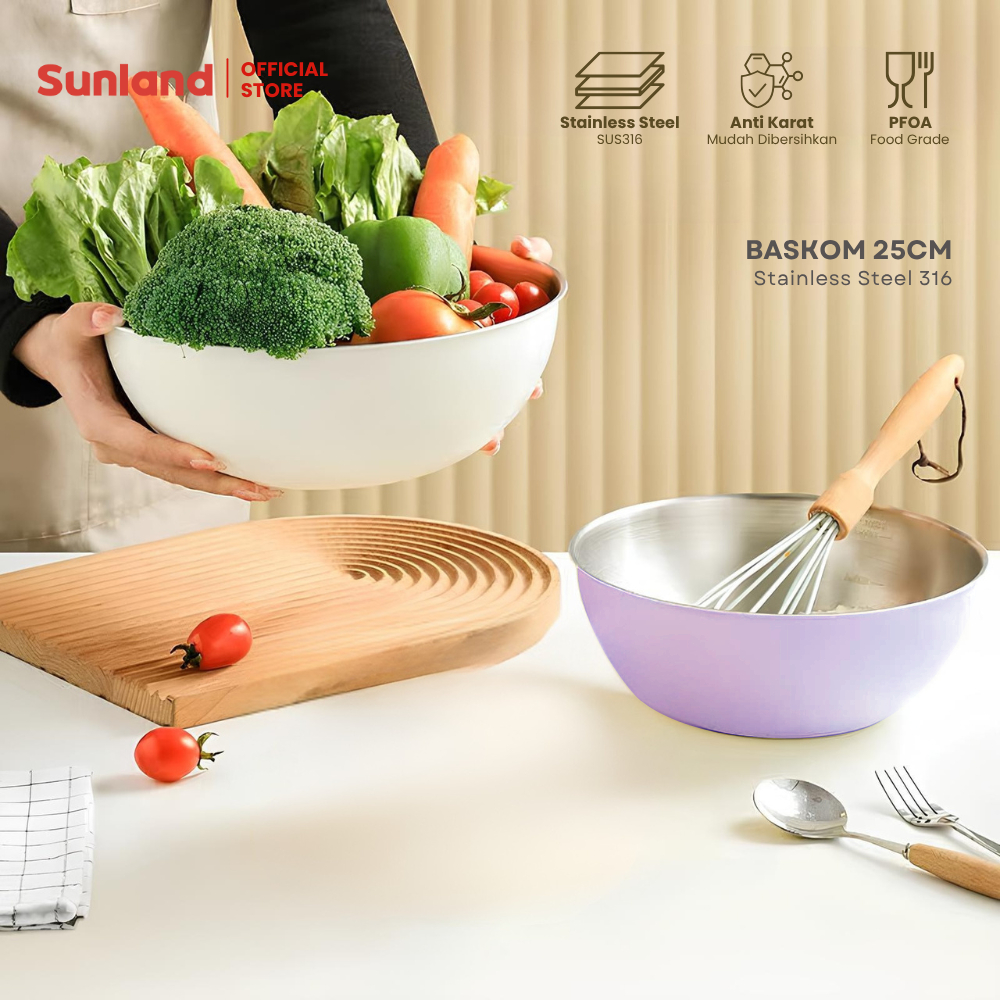 SUNLAND Set Baskom dan Saringan Stainless Steel 316 25CM Anti Karat Tahan Panas Aman untuk Makanan