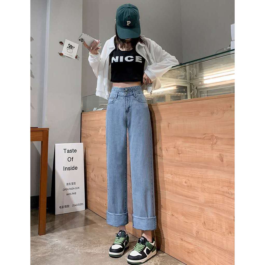 Celana Jeans Wanita High Waist Dua Kancing Warna Biru Muda Model Lurus Casual Kekinian