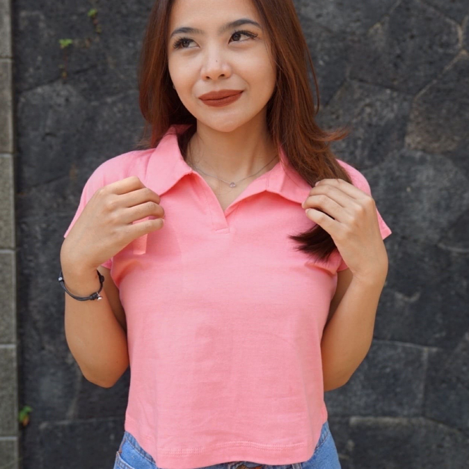 KAOS | BAJU | BAJU KAOS | CROP TOP | BAJU CROP TOP WANITA | CROP TOP KERAH POLO WARNA PINK | LUXELOO