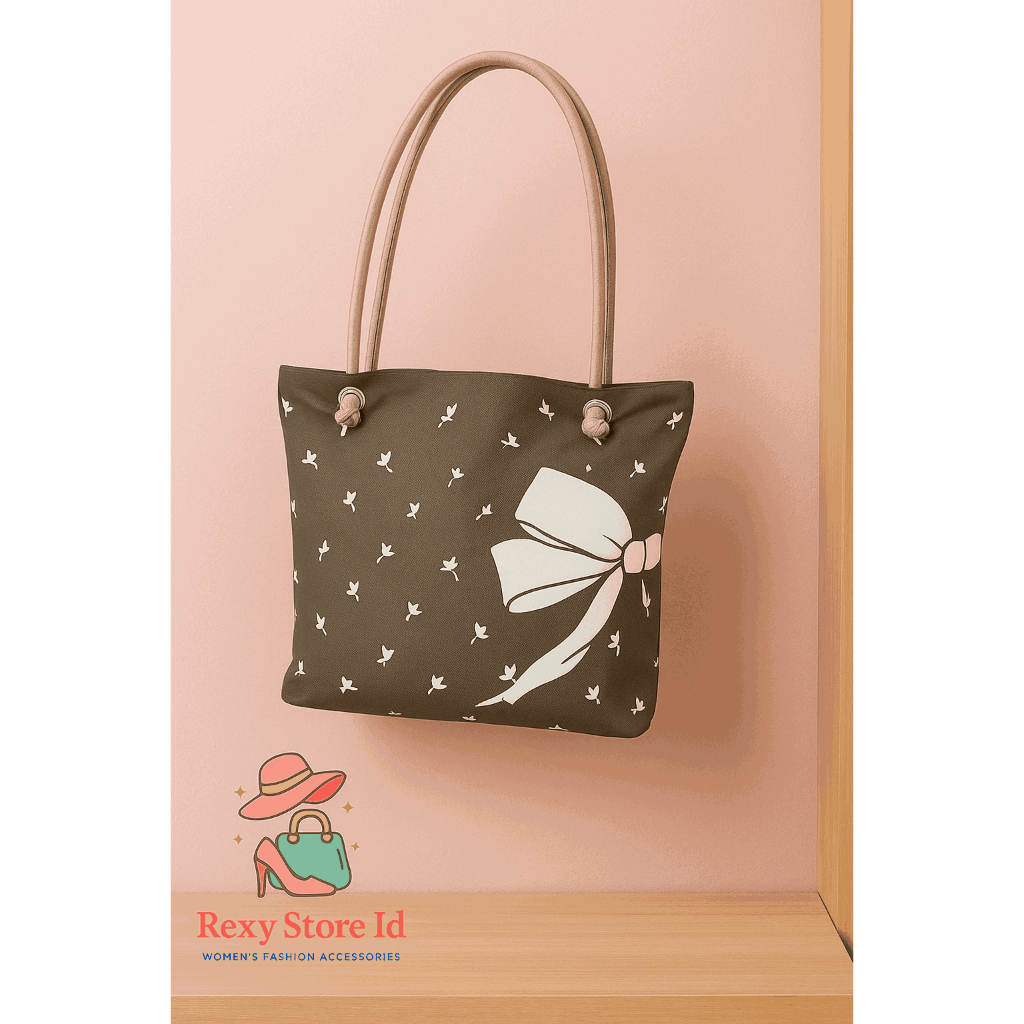 Tas Wanita Totebag Canvas Tas Ibu Motif Pita Besar Resleting Tali Sumbu PREMIUM