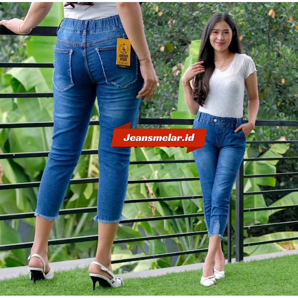 [PROMO COD] Madelyn jeans 7/9 - jeans wanita pinggang karet - Celana jeans cewe motif cakar - Jeans 