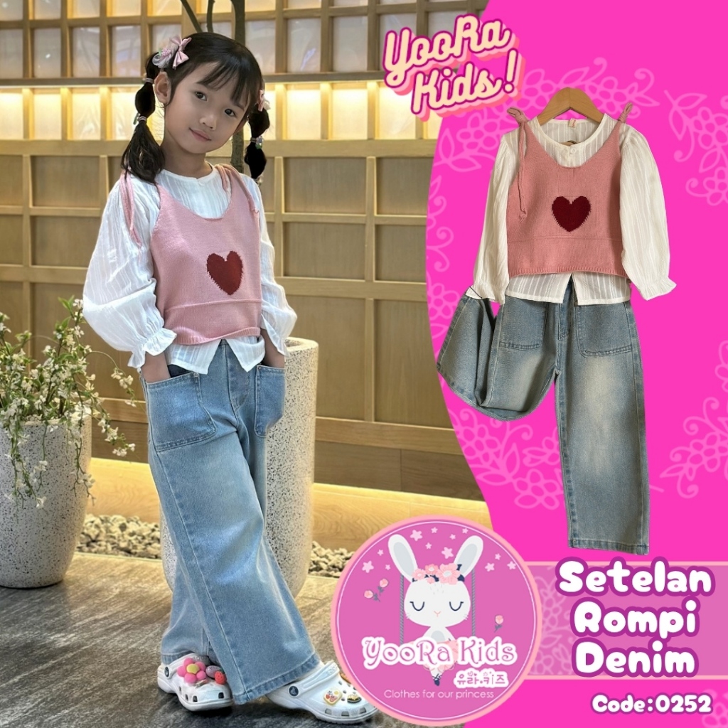 Yoorakids Setelan rompi Rajut Kemeja Putih ballon Denim skena lebar Tebal Baju Anak Perempuan Import