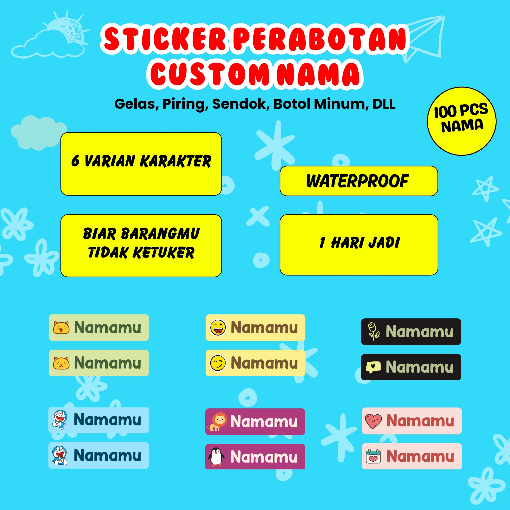 

100Pcs Sticker Custom Nama Piring Sendok Botol Barang Perabotan Stiker Ajaib Waterproof Timbul Label