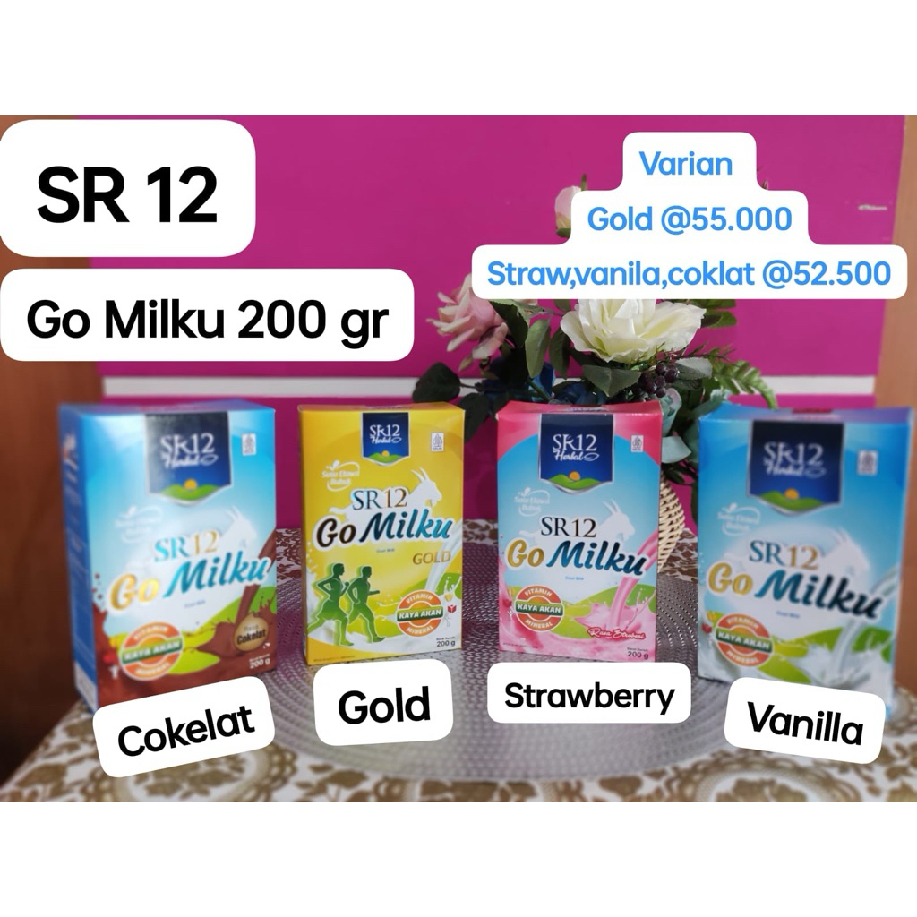 

SR 12 GO MILKU KEMASAN BOX 200 GRAM/ SUSU KAMBING ETAWA ORIGINAL 100%