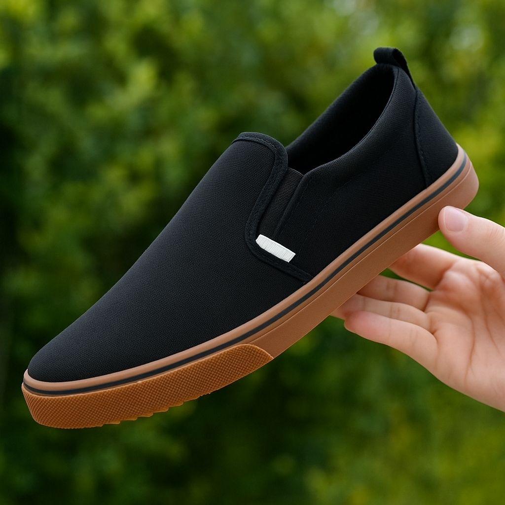 SEPATU SLIP ON PRIA (BISA COD) FLOP KANVAS SOL KARET LENTUR HITAM PUTIH CASUAL TANPA TALI