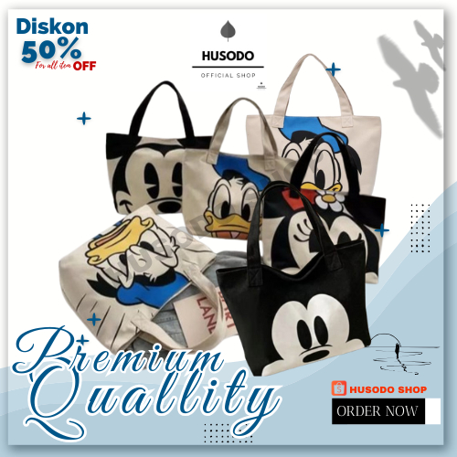 HUSODO Tote Bag Kanvas / Tote Bag Aesthetic Karakter Kartun Mickey Mouse Donal Bebek Tebal Halus Den