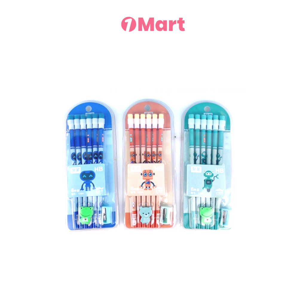 

1MART Set Pensil HB Robot Karakter Lucu dengan Penghapus dan Rautan