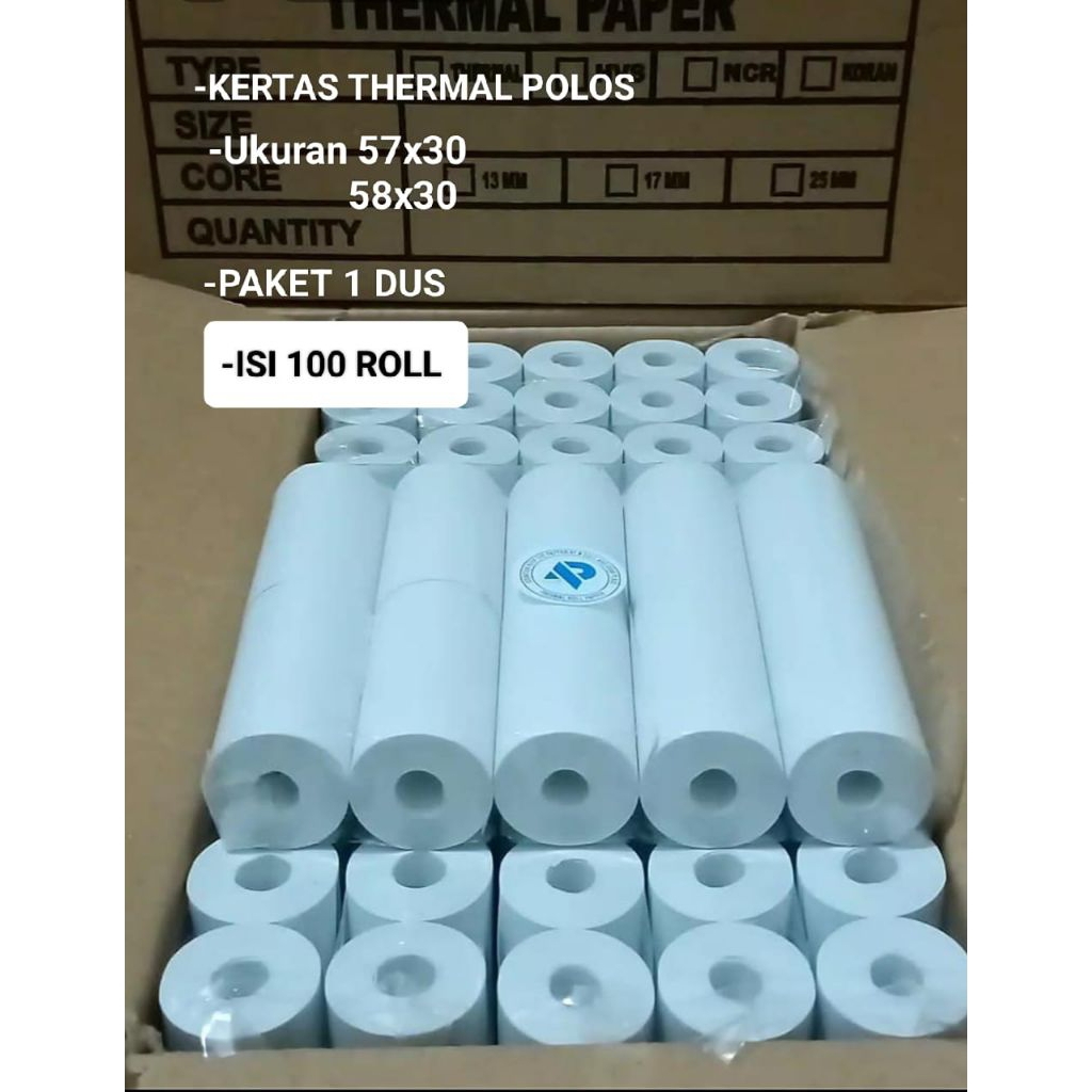 

KERTAS THERMAL POLOS ( 100 roll ) 57x30 /58x29