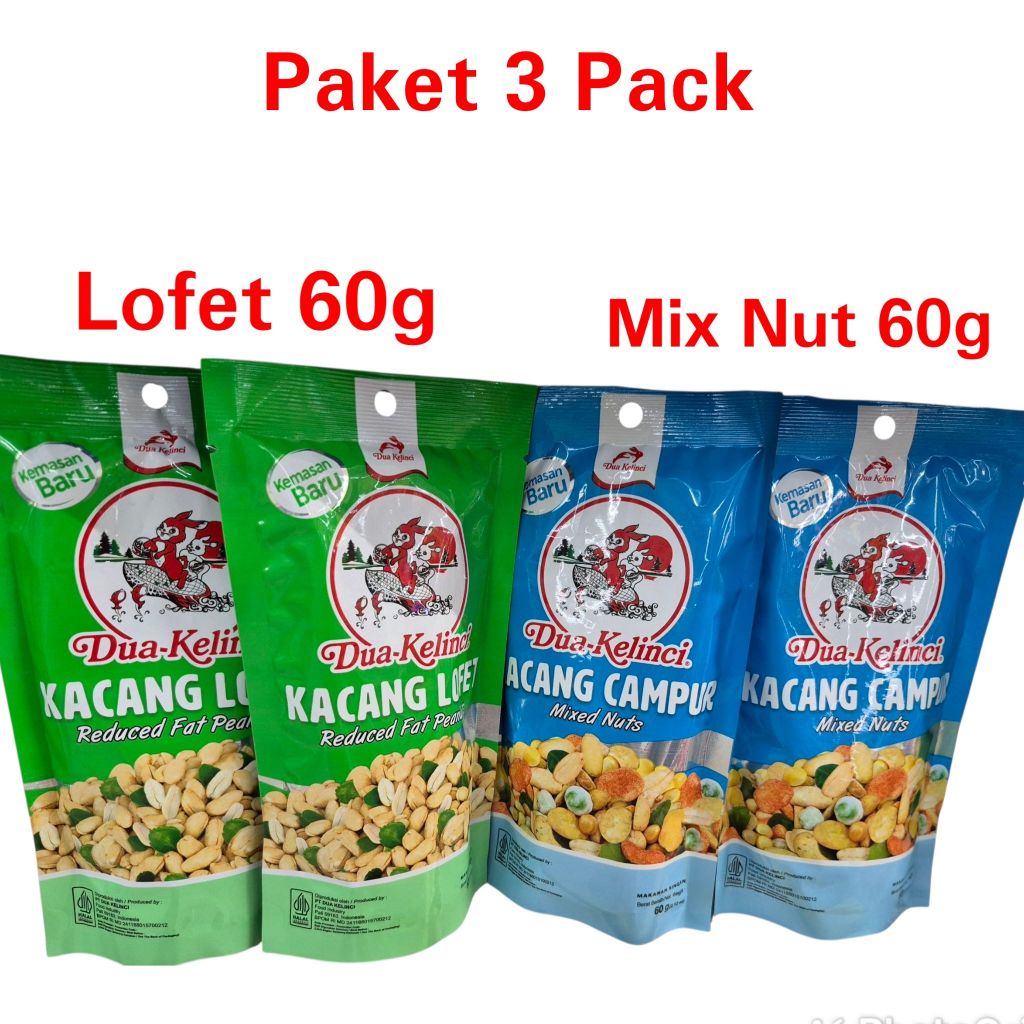 

PAKET 3 PACK KACANG DUA KELINCI MIX NUT / LOFET RASA DAUN JERUK 60g