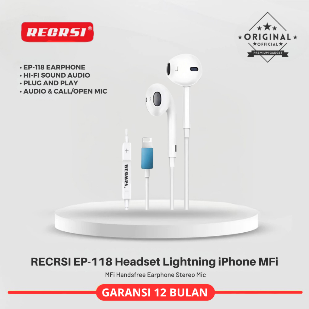 RECRSI EP-118 Headset Lightning iPhone MFi Handsfree Earphone Stereo Mic