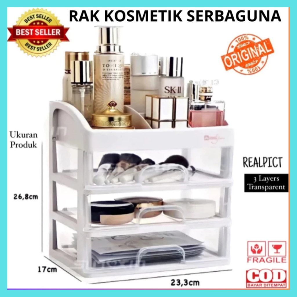 Rak Kosmetik Laci 3 Susun Plastik Tabitha/ Rak Plastik Mini 3 Susun/ Tempat Make Up / Laci Susun