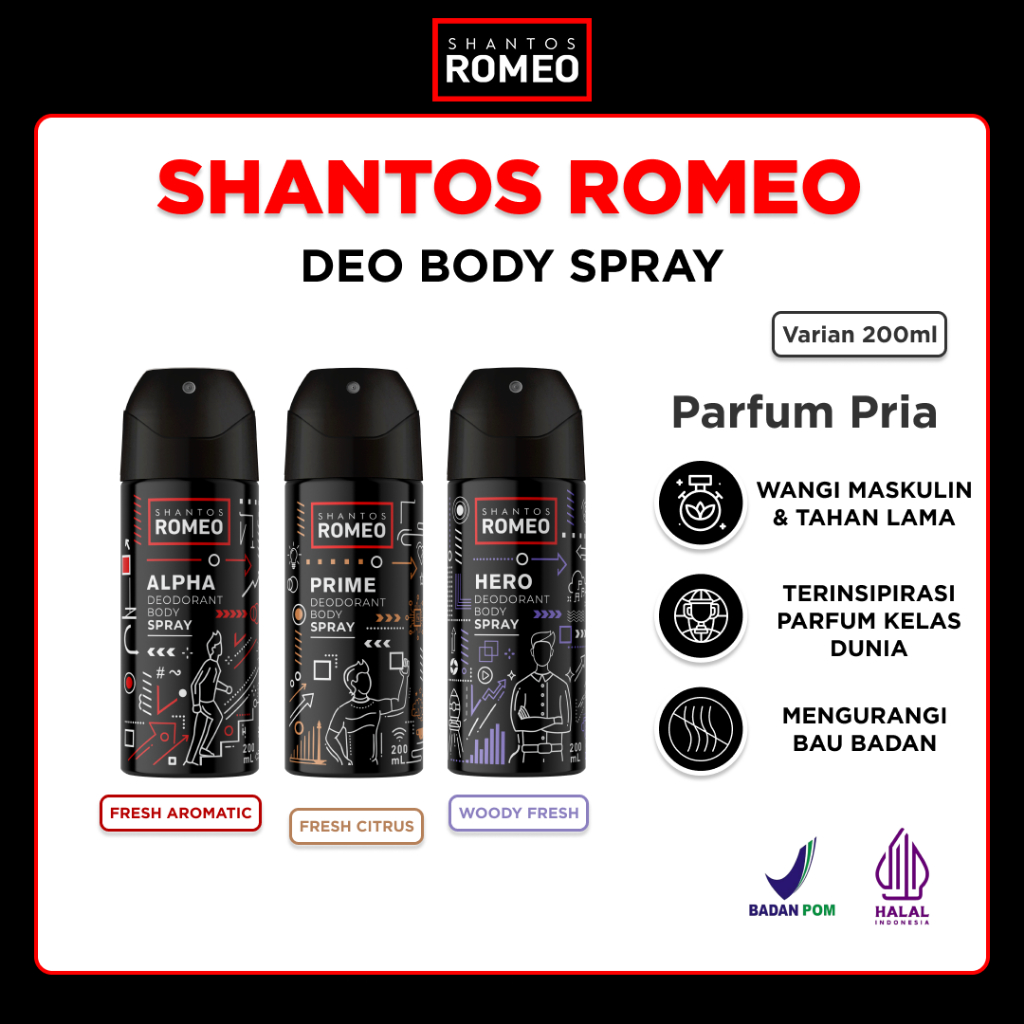 Shantos Romeo Deodorant Spray All Series (Alpha, Hero, Prime) 200ml - Deo Deodoran Spray Tahan Lama,