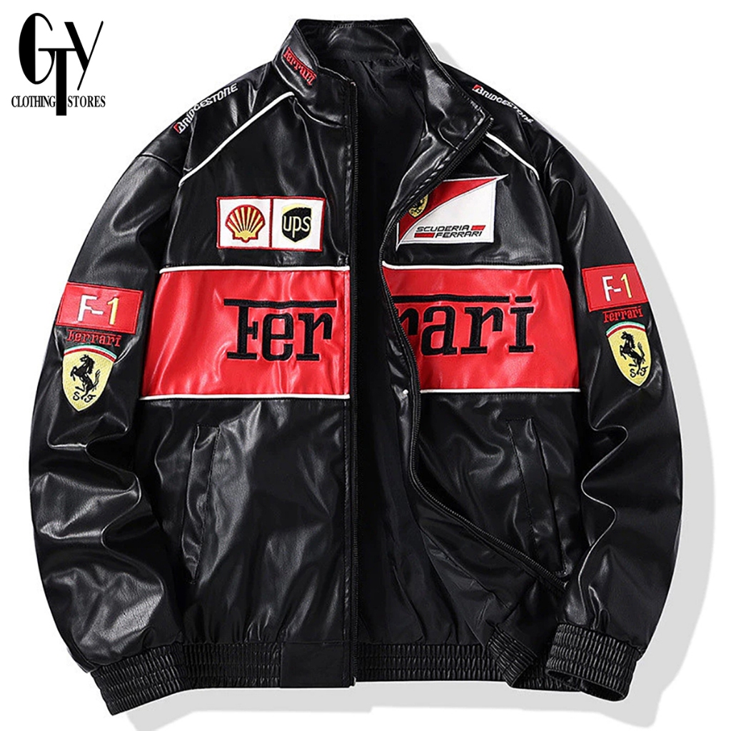 GTY Jaket Kulit Ferrari F1 Racing Unisex Bordir Retro Desain Sporty Jacket