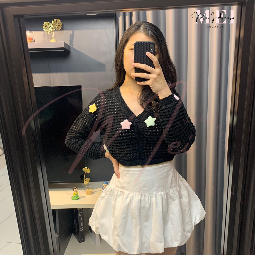 Mei 0059 Atasan Cardigan Rajut Tebal Knitted Bintang Pink Biru Putih Hitam PREMIUM Korean Style