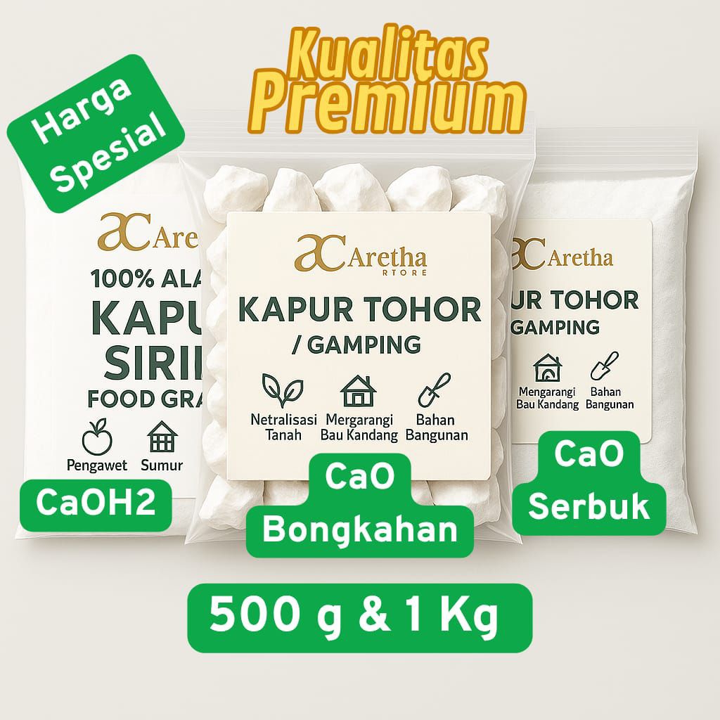 

Aretha Store | Kapur Sirih CaOH2 | Kapur Tohor/Kapur Gamping CaO Aktif | Food Grade Bongkahan dan Serbuk