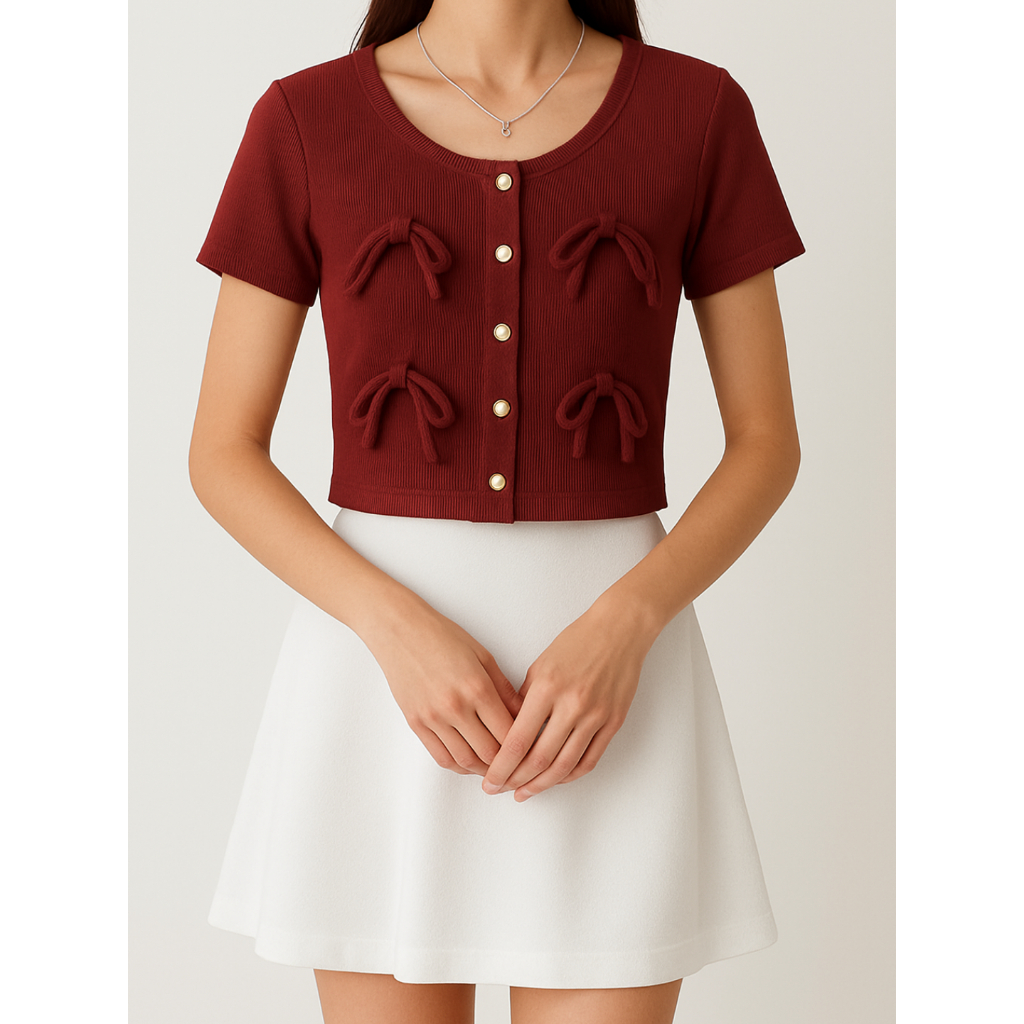 MVS-028 Baju Atasan Crop Wanita Kekinian dengan Hiasan Pita dan Kancing Gold