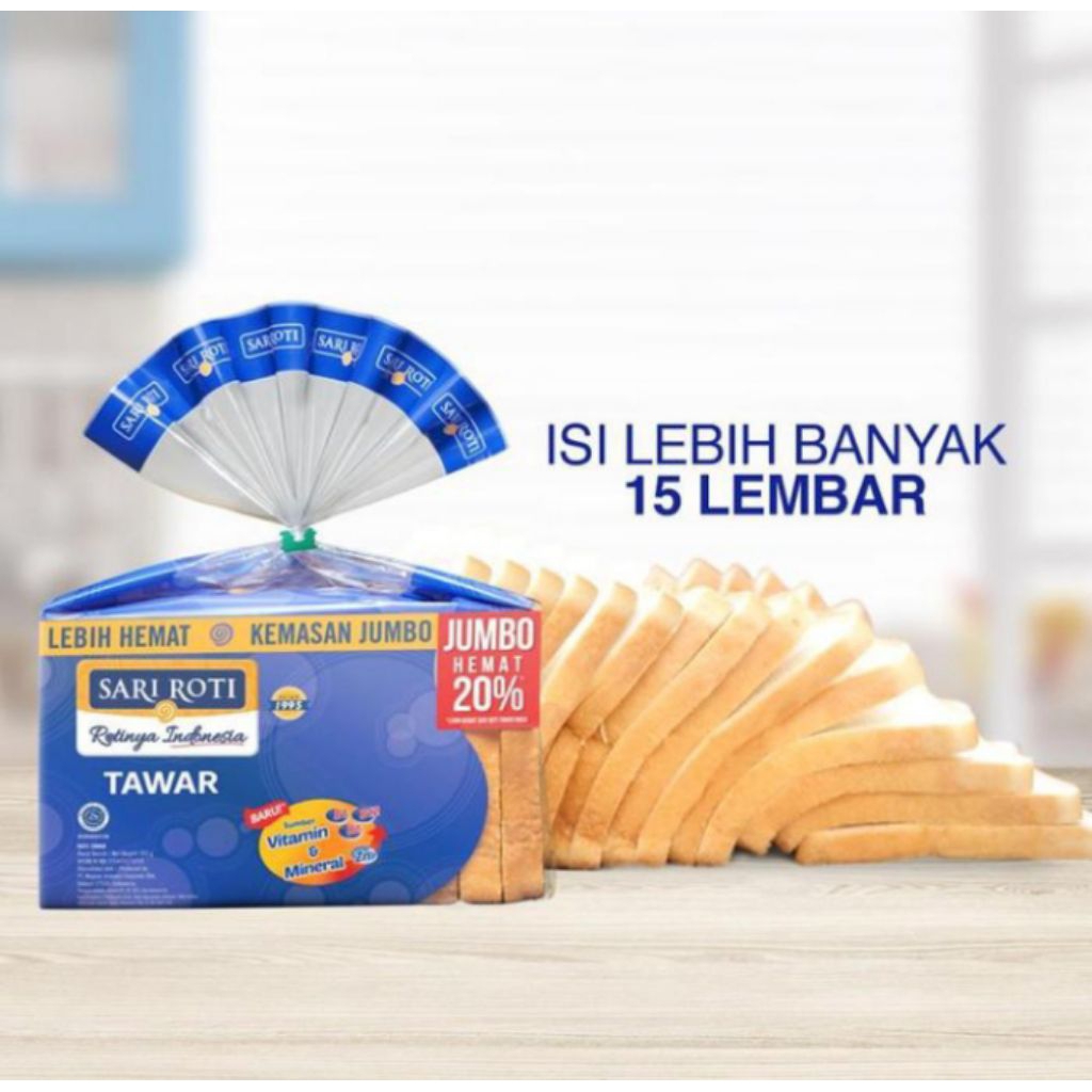 

SARI ROTI Tawar Jumbo Spesial Isi 15 Lembar Lembut Bernutrisi Mengandung Vitamin Dan Mineral