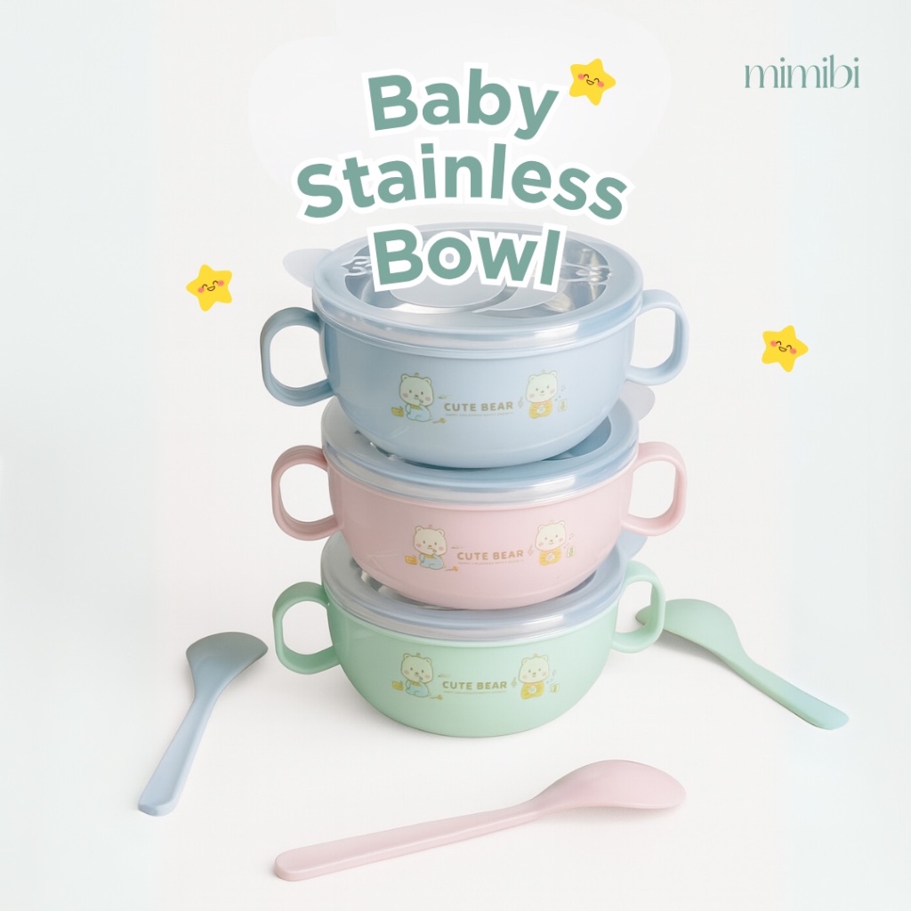 Mimibi Baby Stainless Bowl Set - Mangkok Makan Bayi Stainless Anti Jatuh dan Anti Panas dengan Tutup