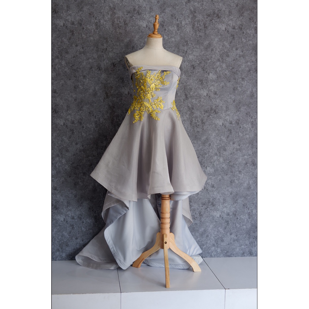 Silver Midi Dress Off Brukat Yellow  Dress Kondangan Dress Pesta Dress Preloved Second