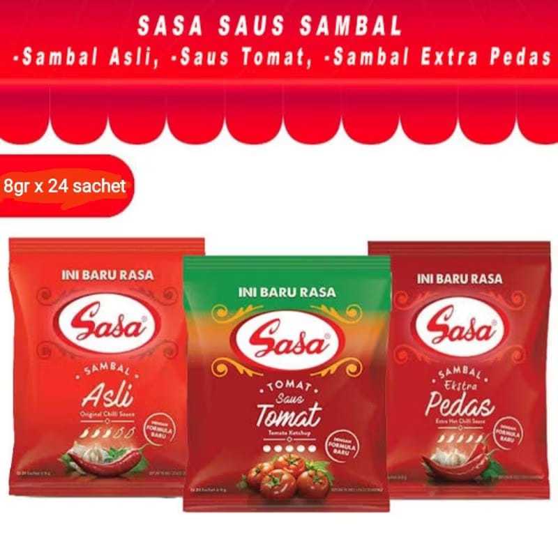 

SASA Saus Sambal Saset 1 Pak Isi 24 Saset x 8gr/Sasa Sambal Asli(1pcs)/Sasa Sambal Extra Pedas(1pcs)/Sasa Saus Tomat(1pcs)