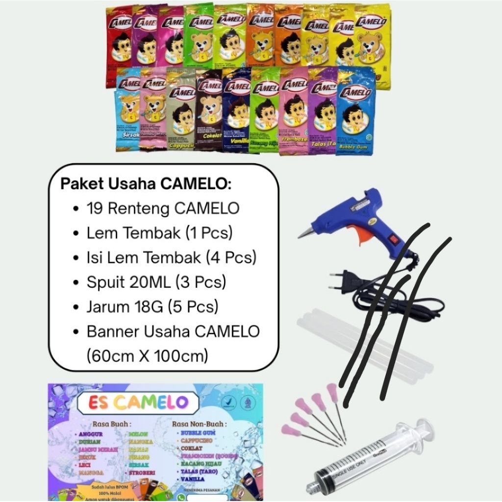 

Paket Usaha Pemula Bisnis Es CAMELO - 19 All Varian Rasa Camelo beserta perlengkapannya