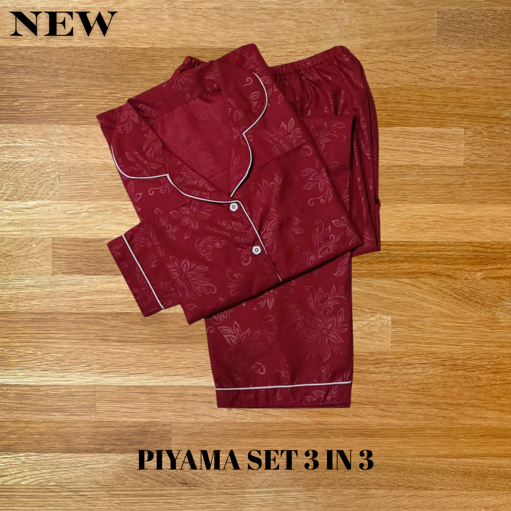 Baju Tidur Wanita dewasa setelan piyama embos 3 in 1 ukuran M , L, XL, XXL