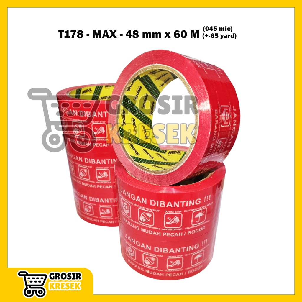 

[36 Pcs] T178 Lakban Jangan Dibanting Merah MAX 48 mm x 65 yard (60 meter) 045 micron - Grosir Isolasi Plester Core Green