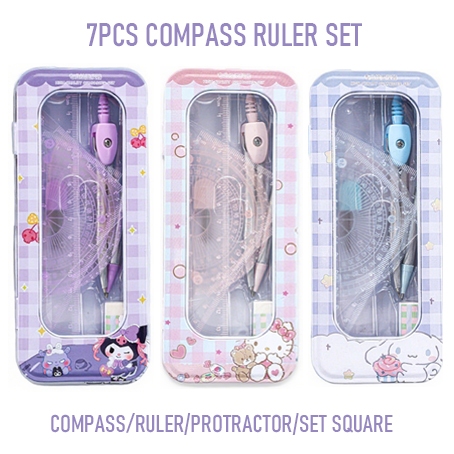 

7Pcs/Set Sanrio Compass Rulers Protractors Stencils Set Pengatur Kompas Protraktor Stencils Sekolah Alat Tulis