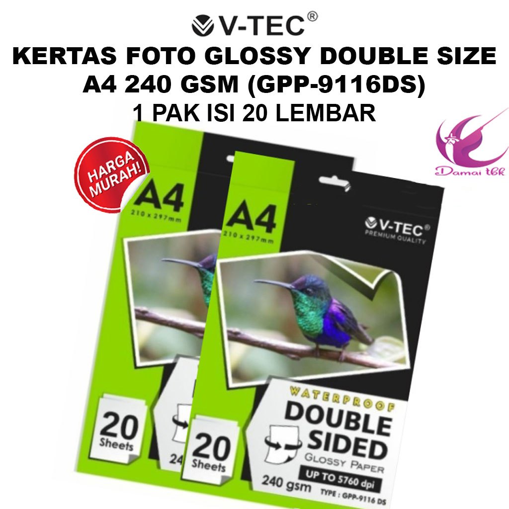 

Photo Glossy Paper Double Sided Waterproof V-Tec - Kertas Foto Dua Sisi V-Tec 9116 240 gsm A4