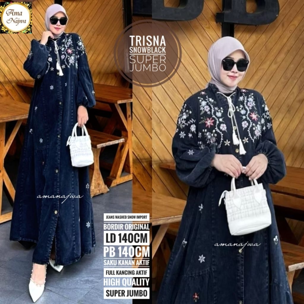 LD 140 | LD 120 Baju Gamis Jeans Washed Snow Bordir TRISNA MAXY SUPER JUMBO