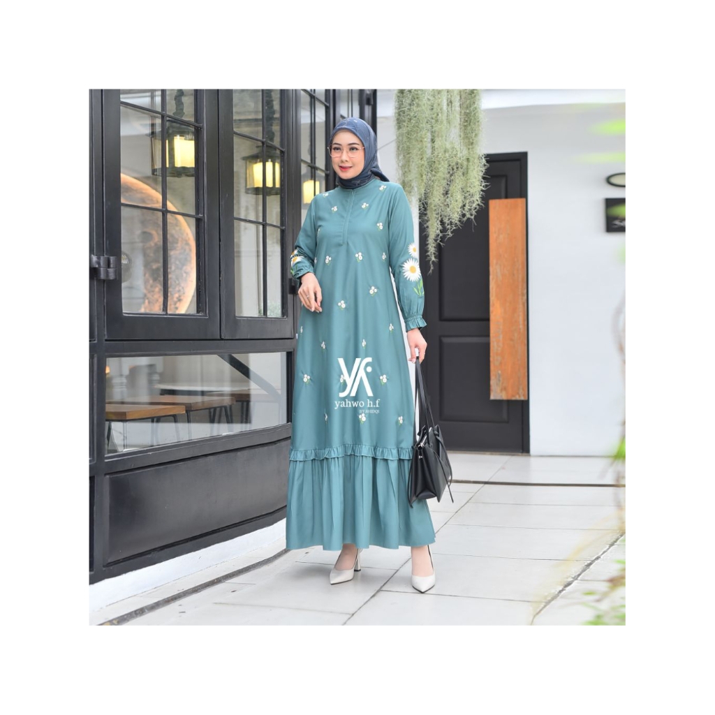 Gamis Bordir Premium Terbaru Motif Bunga Matahari Bahan Katun Toyobo Fodu/Busuy Friendly/Maxi Dress 