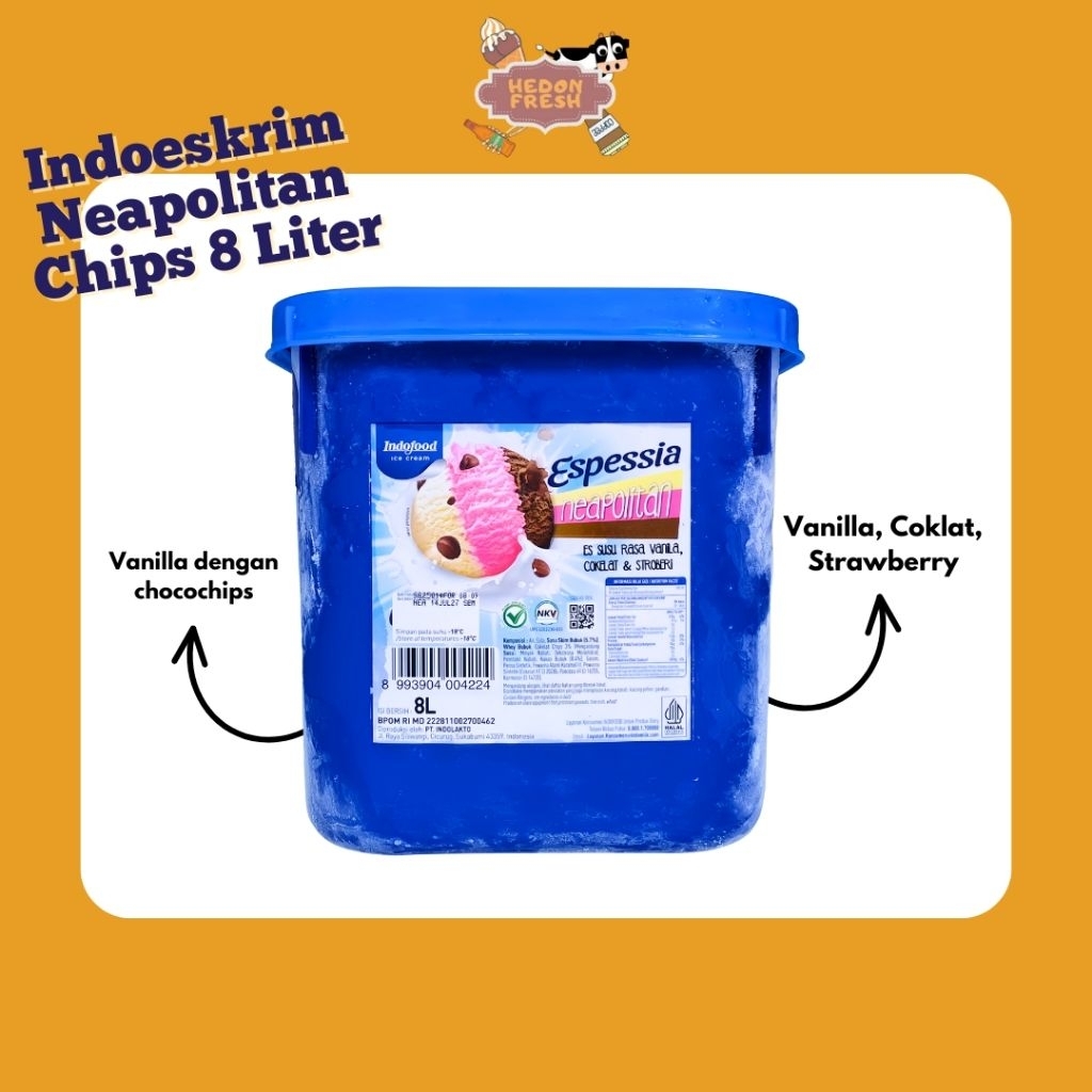 

Es Krim 8 Liter Indoeskrim Neapolitan – 3 Rasa Strawberry Vanilla Chocochip Chocoalate Murah