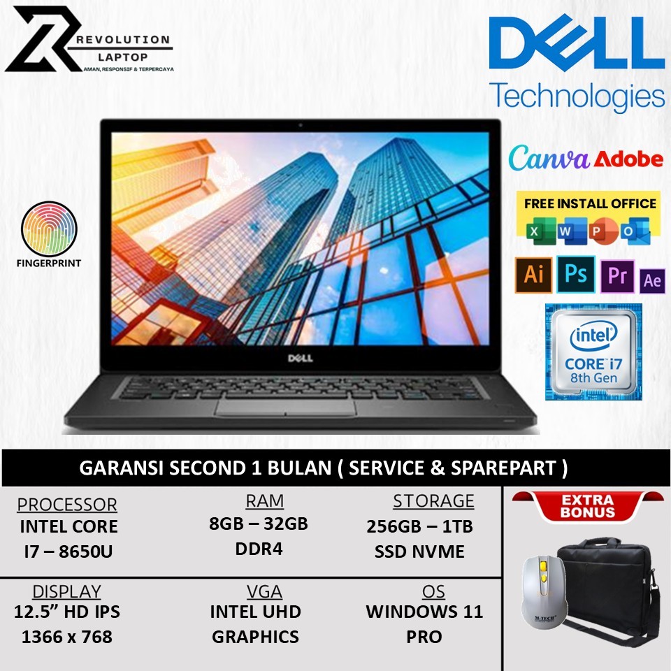 Laptop 12" Dell Latitude 7290 Core i7 8650U Ram 32GB SSD 512GB SSD Windows 11 Pro