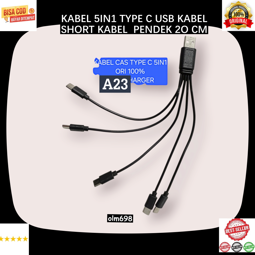 A23 5 CABANG KABEL  CAS KABEL DATA 5IN 1 TYPE C USB KABEL CASTIPE TYPE C 5IN1 ORI 100% PENDEK SHORT 
