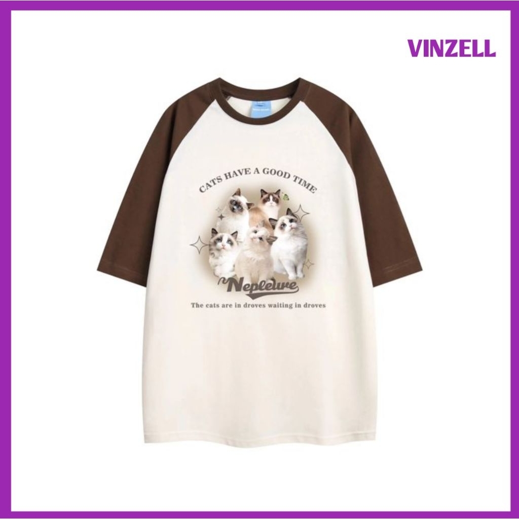 Kaos Raglan Motif Kucing Lucu - Desain 'Cats Have a Good Time' | Bahan Katun Nyaman | Lengan Panjang