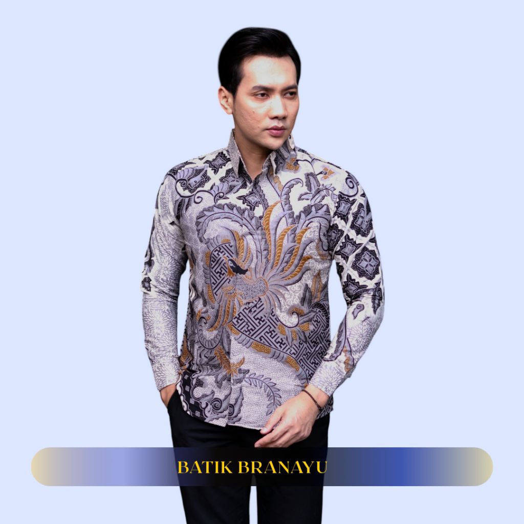 BATIK BRANAYU Kemeja Batik MOTIF PEKSI ABU Hem Baju Batik Pria batik Modern Laki Laki Slimfit Keris 