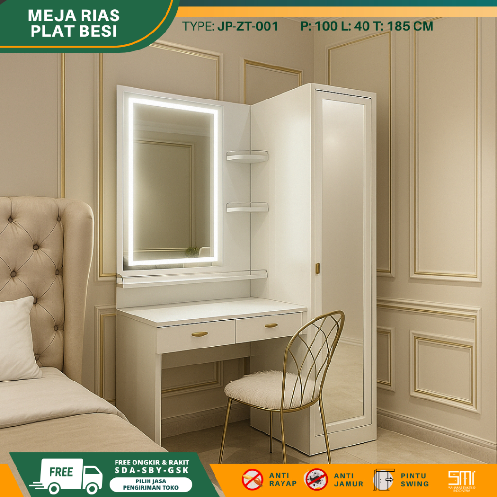 Set Meja Rias LED - Set Meja Kursi Rias Make Up Set Dresser Minimalis MUA Meja Make Up