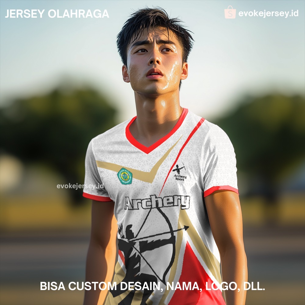 Kaos Jersey Panahan Putih Merah Gold Motif Abstrak Geometris 54 - Jersey Olahraga Custom Full Printi