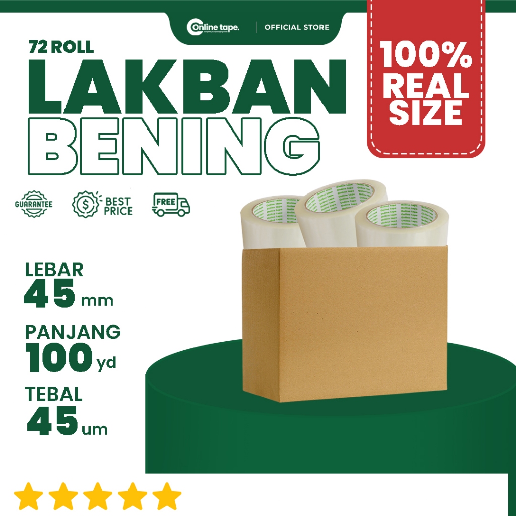 

1 DUS Lakban Bening 45 MM X 100 Yard PURE Ukuran Asli REAL ONLINE TAPE OPP 72 Roll Kuat tebal / Lakban clear Murah
